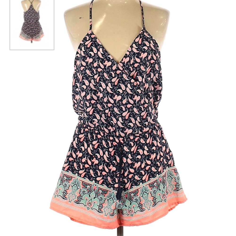 Sweet Journey blue romper with pink paisley pattern.  Size Small